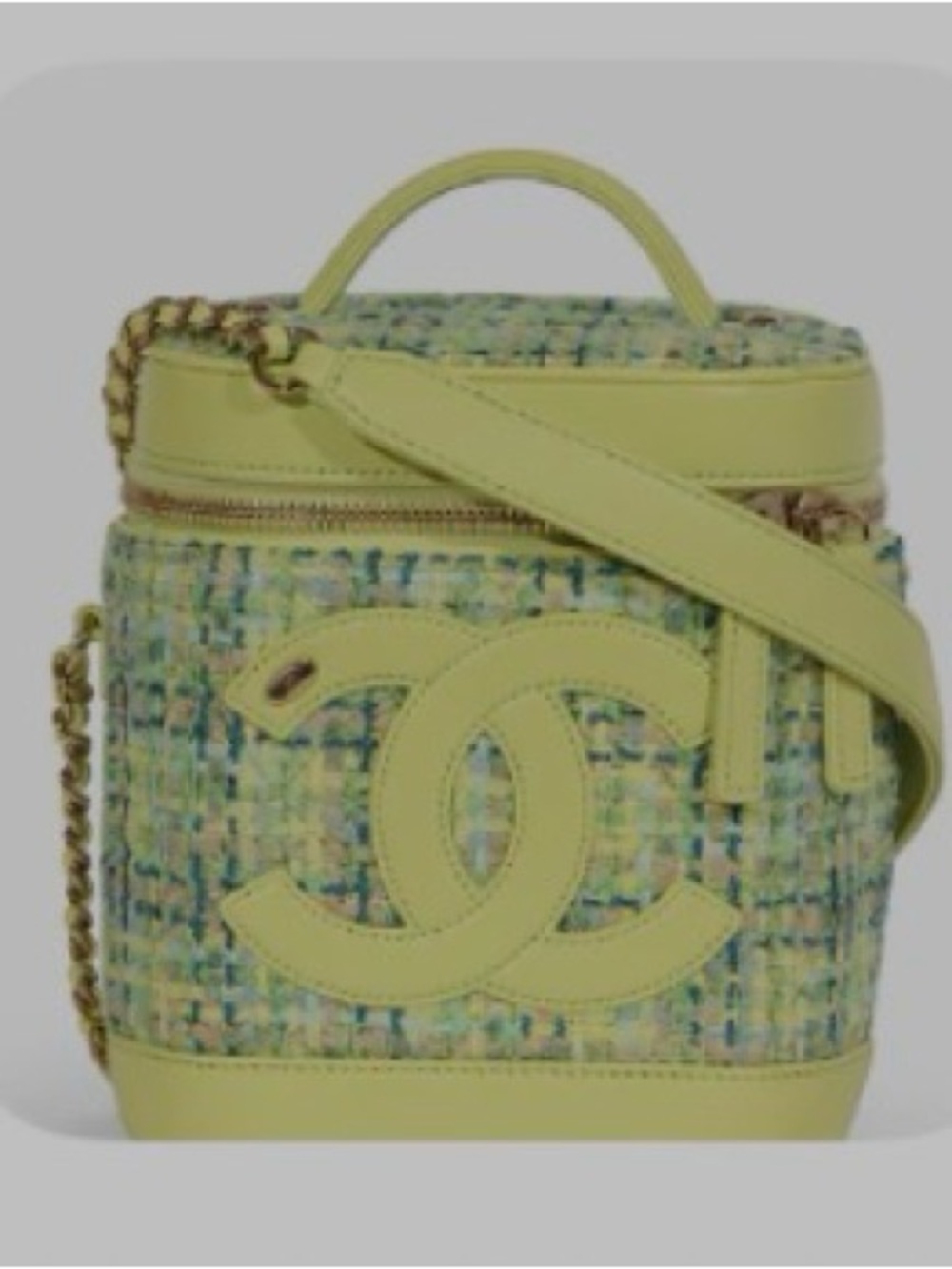 CHANEL Yellow-Green Tweed Mania top handle Vanity Crossbody case bag